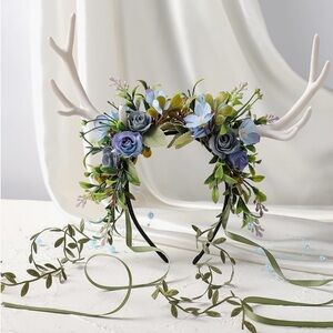 Floral Antler Headband with Blue and Green Accents